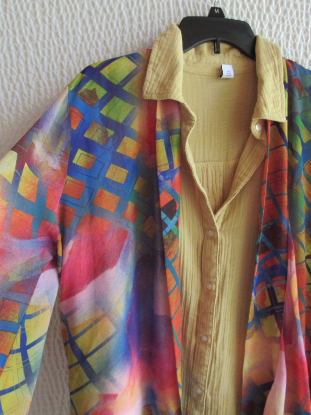 Womens Mustard Crinkle Gauze Shirt L Lagenlook Long Sleeve Top Open Back Button
